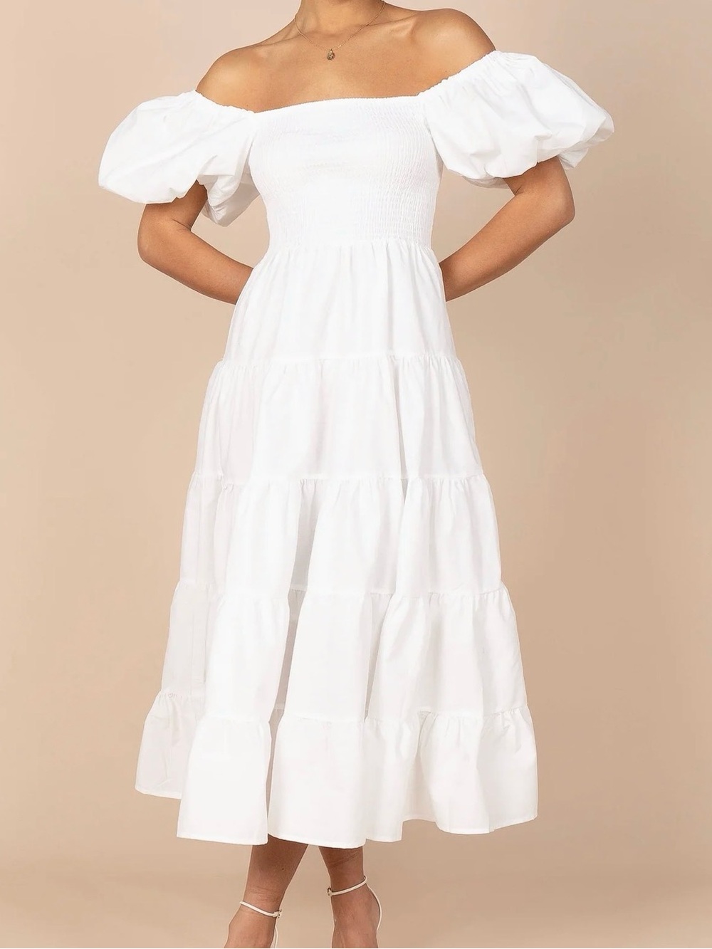 Annette Puff Sleeve Shirred Midi Dress
